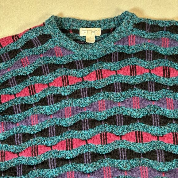 Vintage 90s Cattivo Sweater Coogi Style 3D Knit Size Medium Geometric - Picture 7 of 14